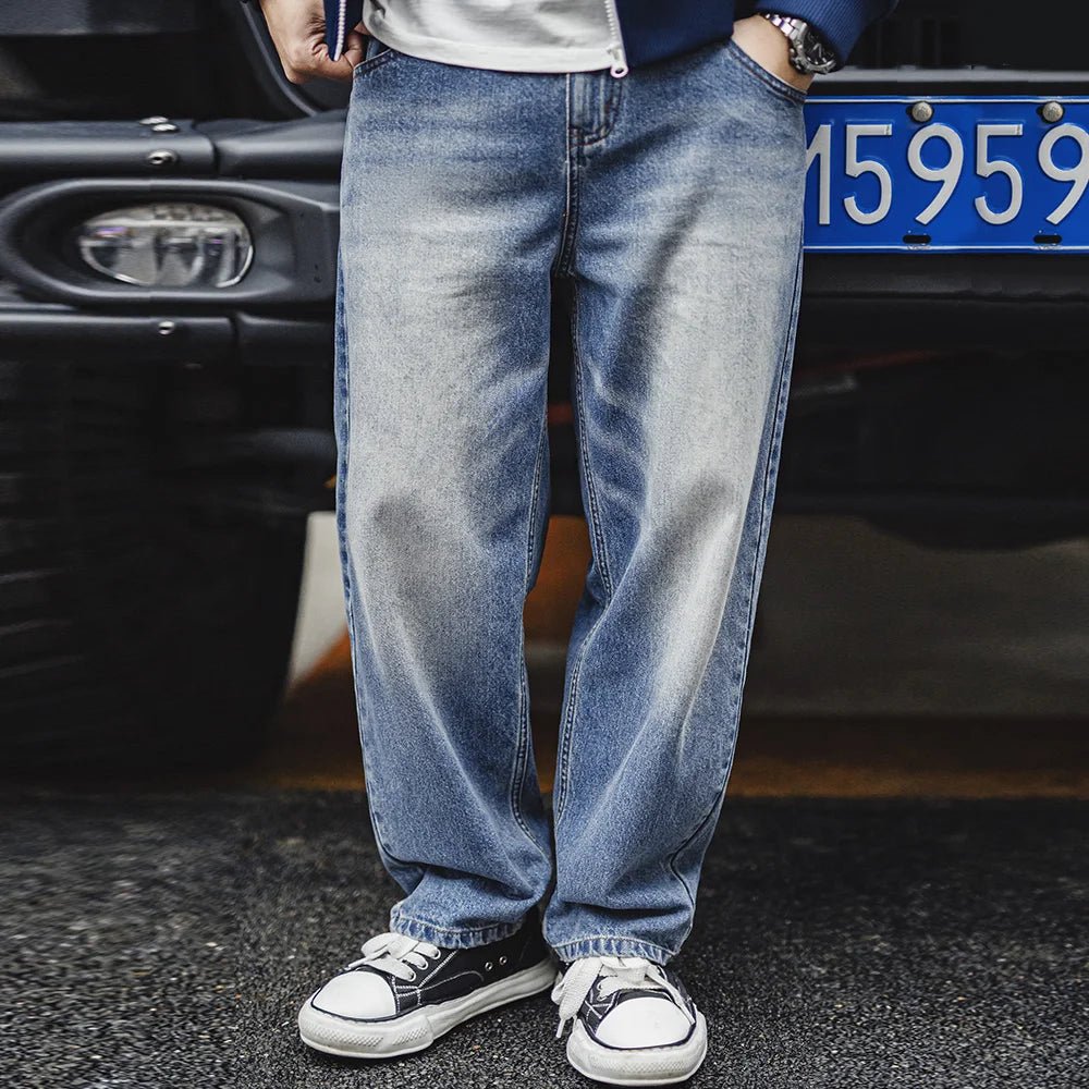 Maden Men's 12.6oz Washed Denim Jeans Large - Size Straight Cotton Jeans with Retro Cat Whiskers Jeans for Spring Versatile Pants - Beauty