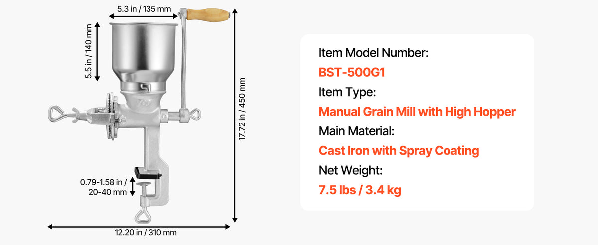 SucceBuy Manual Grain Mill with High Hopper Hand-Crank Corn Grinder with Stable Table Clamp for Grains Spices Coffee Beans Nuts