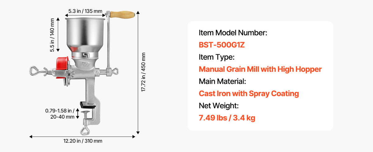 SucceBuy Manual Grain Mill with High Hopper Hand-Crank Corn Grinder with Stable Table Clamp for Grains Spices Coffee Beans Nuts