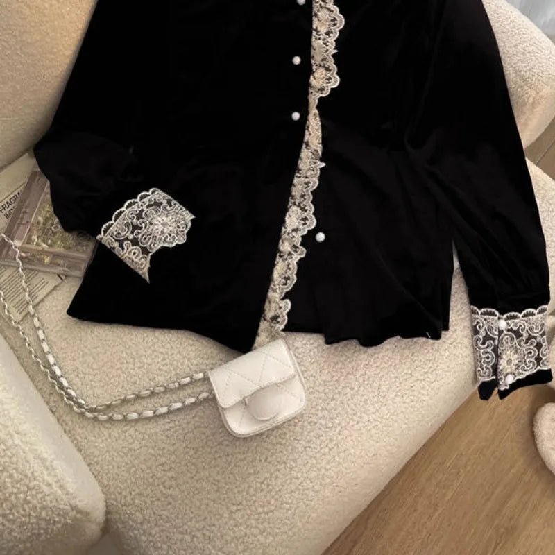 Matakawa Ruffles Velvet Blouses Women Tops Autumn Winter Vintage Elegant Korean Fashion Blusas Mujer Sweet Lace Shirts - Beauty