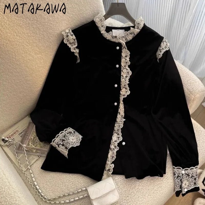 Matakawa Ruffles Velvet Blouses Women Tops Autumn Winter Vintage Elegant Korean Fashion Blusas Mujer Sweet Lace Shirts - Beauty