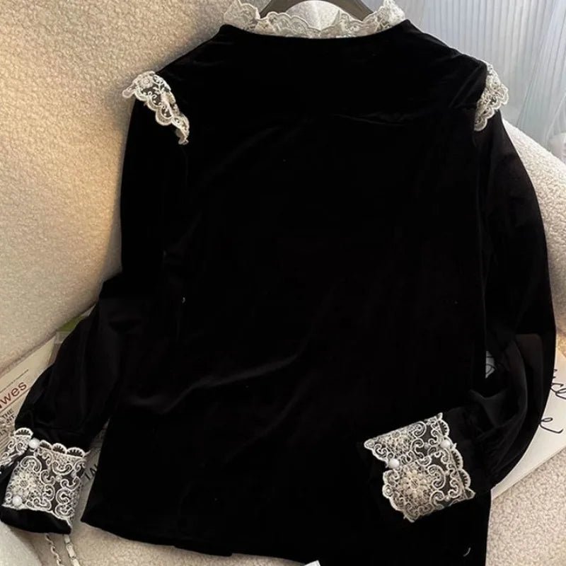 Matakawa Ruffles Velvet Blouses Women Tops Autumn Winter Vintage Elegant Korean Fashion Blusas Mujer Sweet Lace Shirts - Beauty