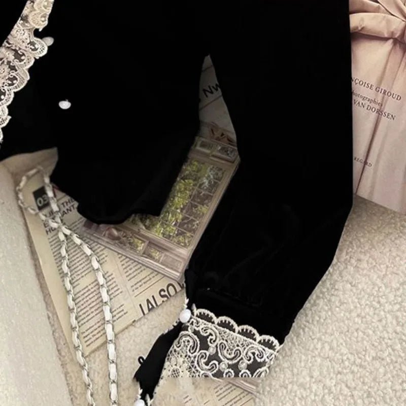 Matakawa Ruffles Velvet Blouses Women Tops Autumn Winter Vintage Elegant Korean Fashion Blusas Mujer Sweet Lace Shirts - Beauty