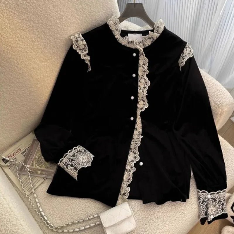 Matakawa Ruffles Velvet Blouses Women Tops Autumn Winter Vintage Elegant Korean Fashion Blusas Mujer Sweet Lace Shirts - Beauty
