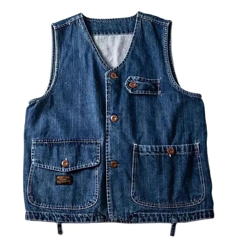 Men Vests Men's Summer Vintage Multi - pocket Sleeveless Vest Mens Casual Cotton Denim Vests Safari Style Vest Coat Waistcoat Male - Beauty