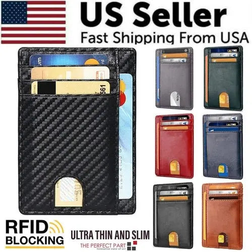 Mens Leather Slim Wallet Credit Card Holder RFID Blocking Pocket ID - Beauty