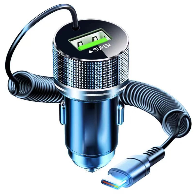 Metal USB C Car Charger with Spring Cable Super Fast Charging Adapter 12V for iPhone 15 14 13 Samsung OPPO VIVO Huawei Oneplus - Beauty