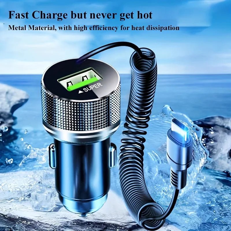 Metal USB C Car Charger with Spring Cable Super Fast Charging Adapter 12V for iPhone 15 14 13 Samsung OPPO VIVO Huawei Oneplus - Beauty