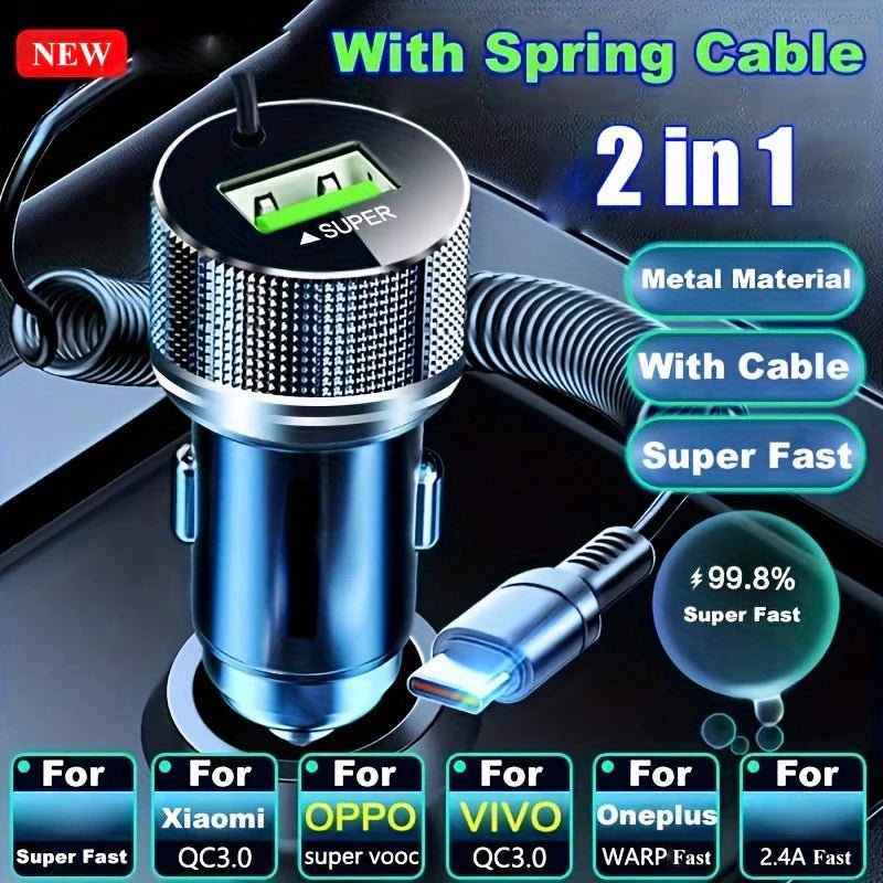 Metal USB C Car Charger with Spring Cable Super Fast Charging Adapter 12V for iPhone 15 14 13 Samsung OPPO VIVO Huawei Oneplus - Beauty