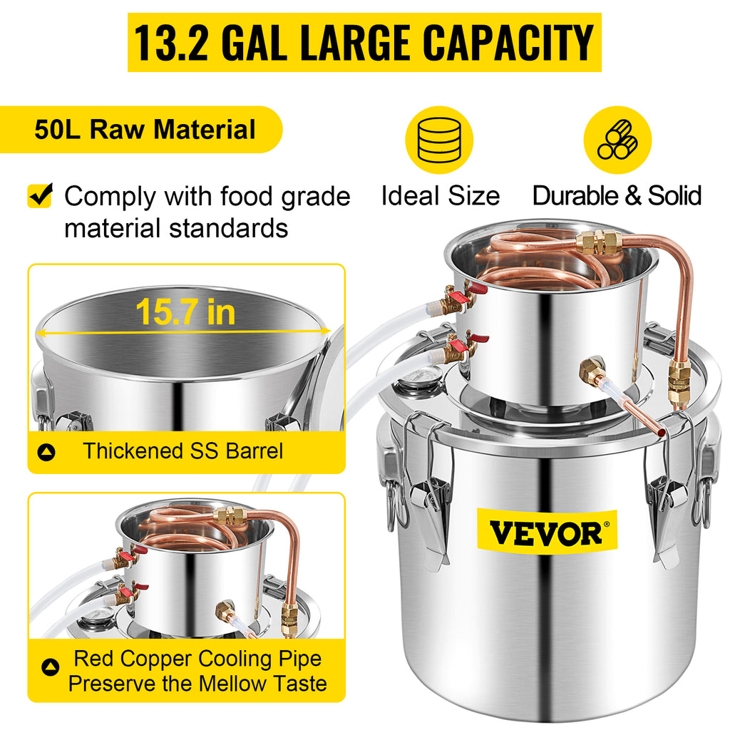 SucceBuy 50L Alcohol Still Stainless Steel Water Alcohol Distiller with Condenser 13.2Gal Wine Making Boiler with Copper Tube