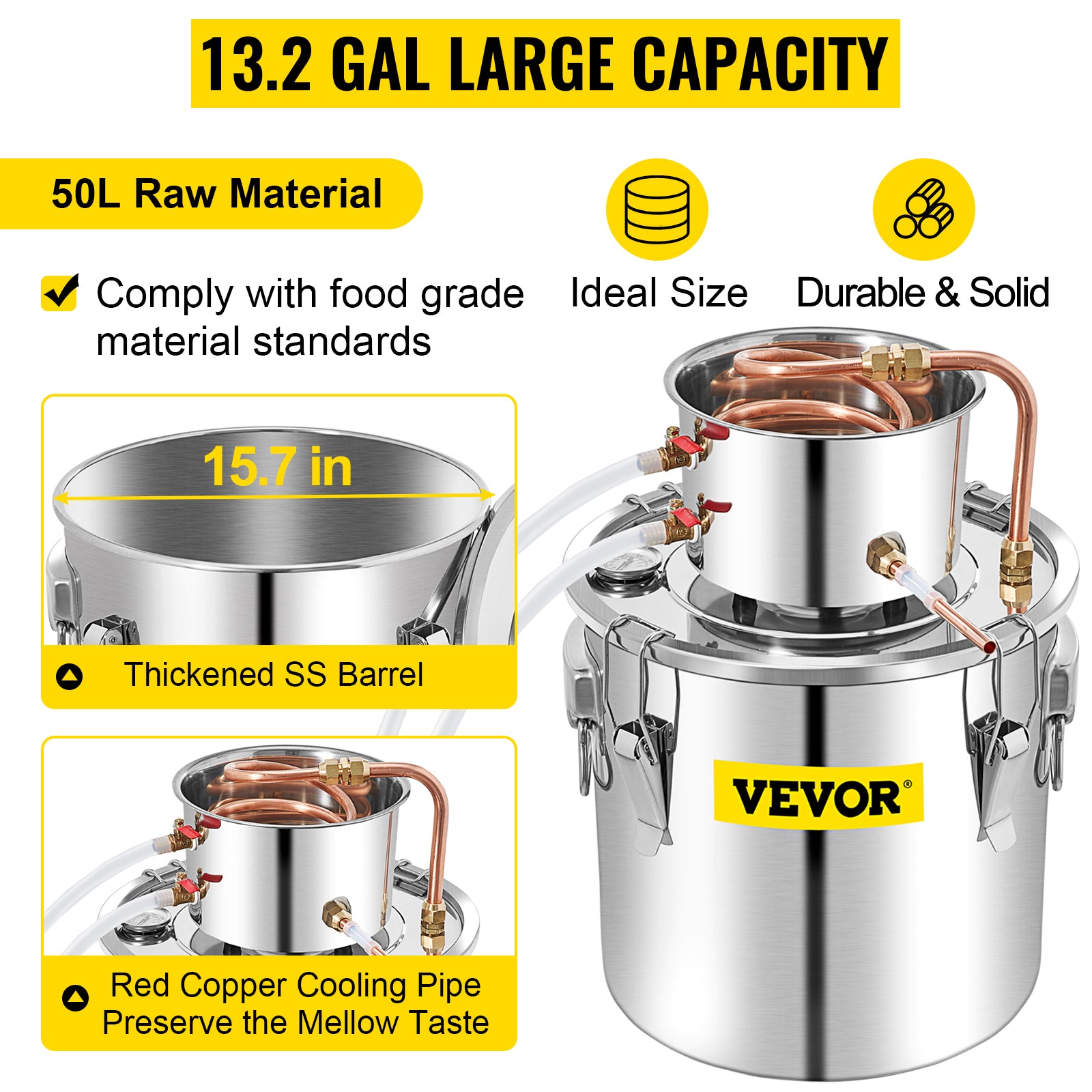 SucceBuy 50L Alcohol Still Stainless Steel Water Alcohol Distiller with Condenser 13.2Gal Wine Making Boiler with Copper Tube