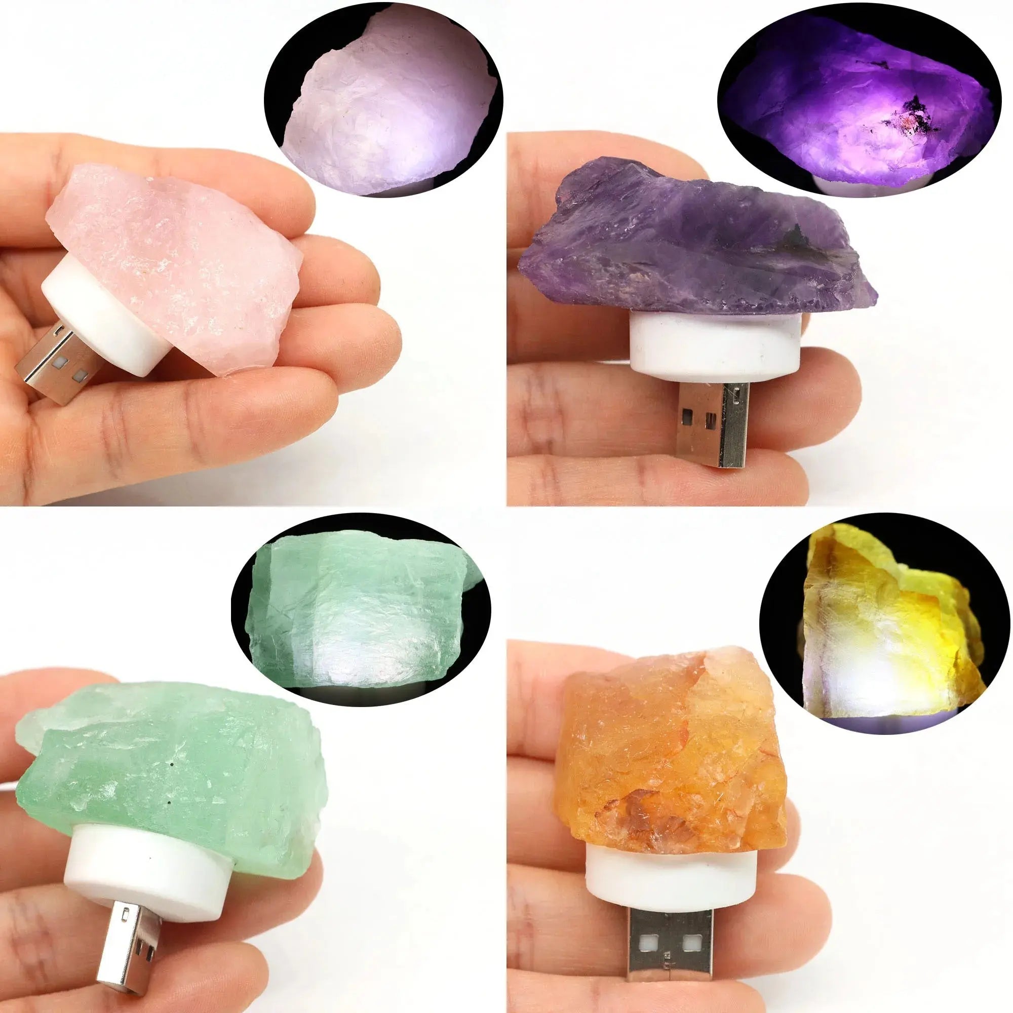 Natural Irregular Crystals Stone USB Light Rose Quartz Amethyst Raw Minerals Small Night Lamp Reiki Healing Bedroom Home Decor - Beauty