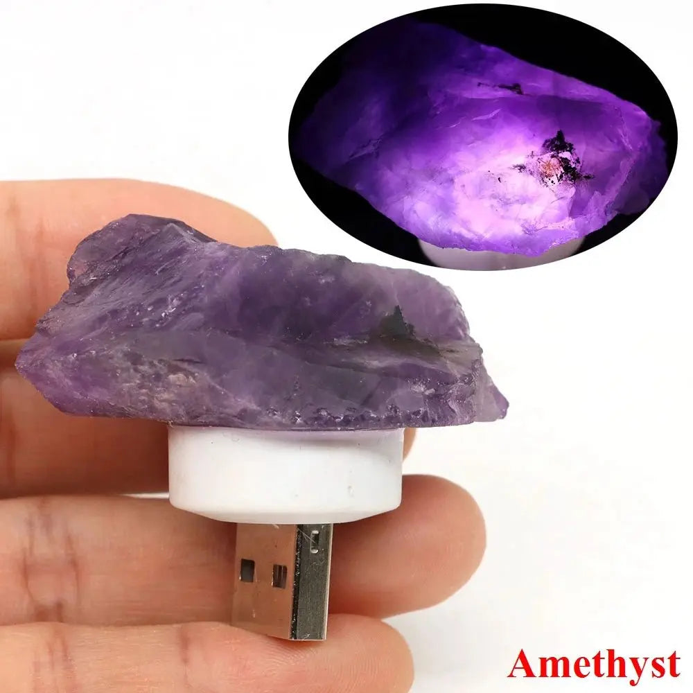 Natural Irregular Crystals Stone USB Light Rose Quartz Amethyst Raw Minerals Small Night Lamp Reiki Healing Bedroom Home Decor - Beauty