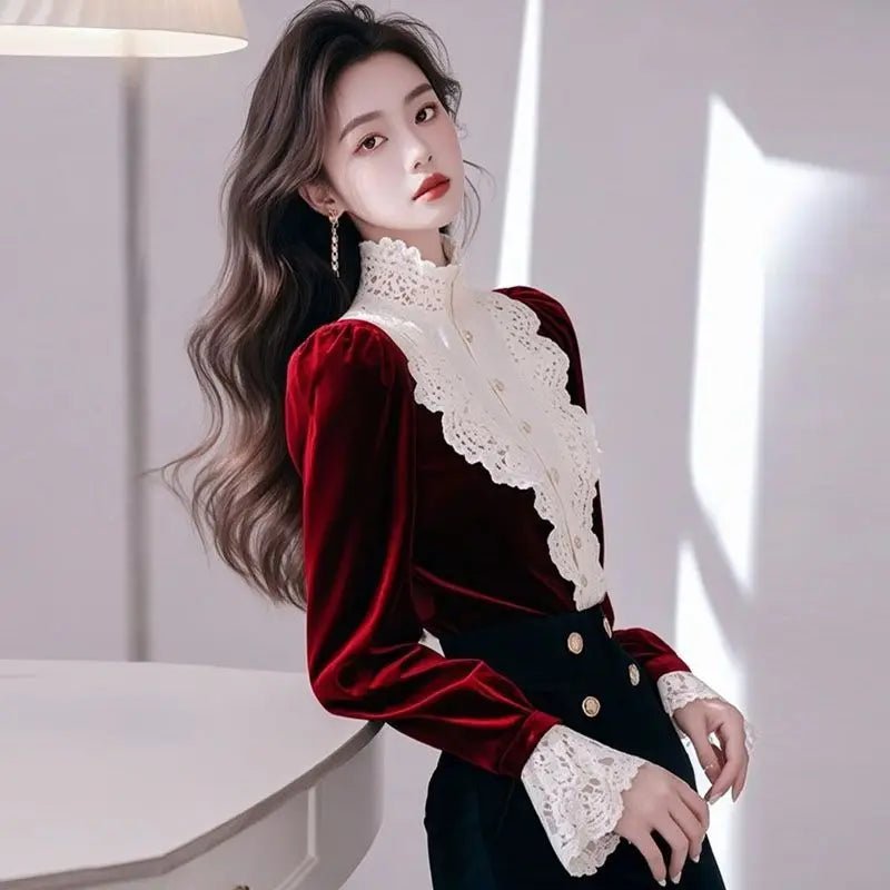 New Fashion Velvet Blouses For Women French Ruffles Lace Patchwork Shirts Design Flared Sleeve Tops Autumn Winter E11353 - Beauty