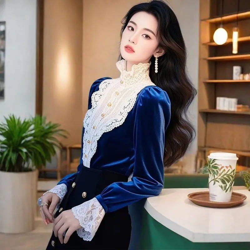 New Fashion Velvet Blouses For Women French Ruffles Lace Patchwork Shirts Design Flared Sleeve Tops Autumn Winter E11353 - Beauty