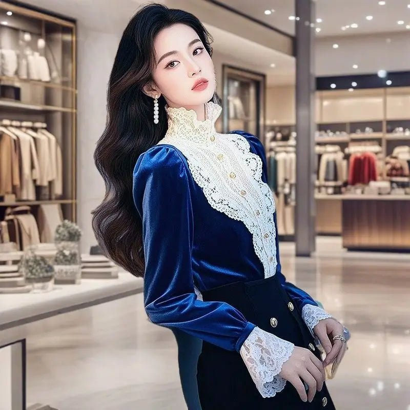 New Fashion Velvet Blouses For Women French Ruffles Lace Patchwork Shirts Design Flared Sleeve Tops Autumn Winter E11353 - Beauty