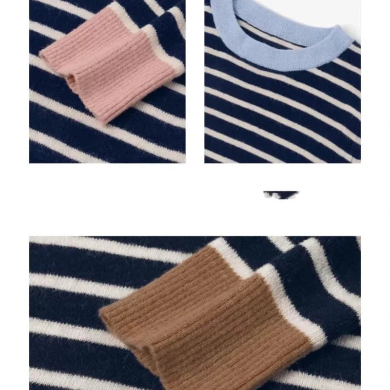 New Spring Autumn Women Spliced pullovers O - Neck Striped Fashion Loose Versatile Minimalist Casual Long - sleeved Knitted Top - Beauty