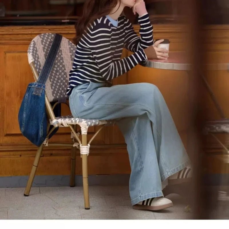 New Spring Autumn Women Spliced pullovers O - Neck Striped Fashion Loose Versatile Minimalist Casual Long - sleeved Knitted Top - Beauty