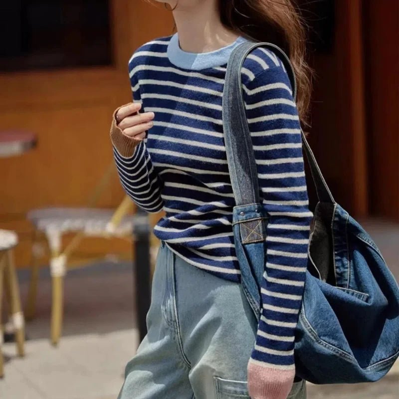 New Spring Autumn Women Spliced pullovers O - Neck Striped Fashion Loose Versatile Minimalist Casual Long - sleeved Knitted Top - Beauty