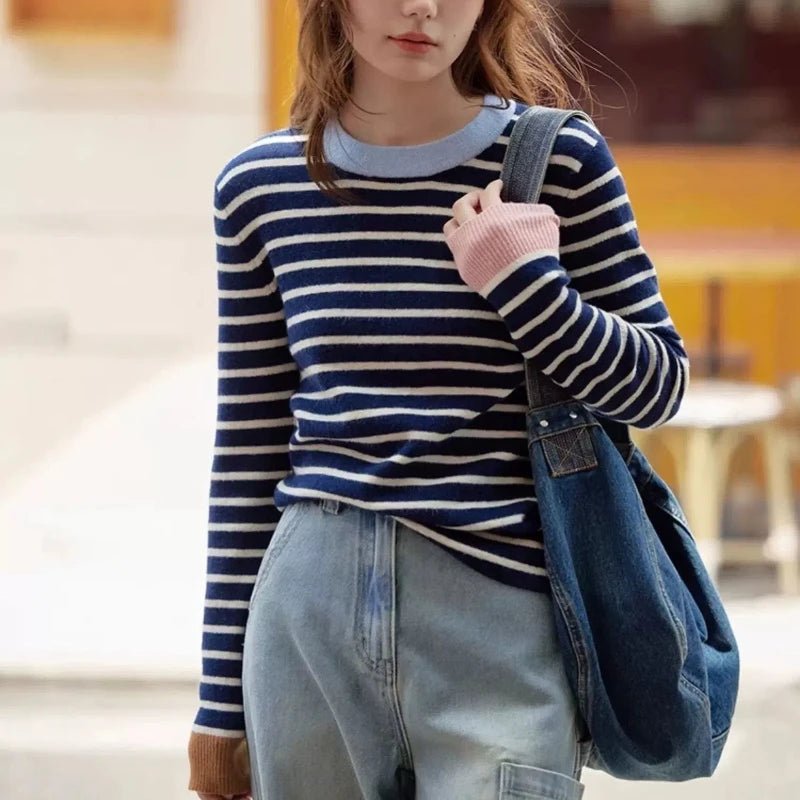 New Spring Autumn Women Spliced pullovers O - Neck Striped Fashion Loose Versatile Minimalist Casual Long - sleeved Knitted Top - Beauty