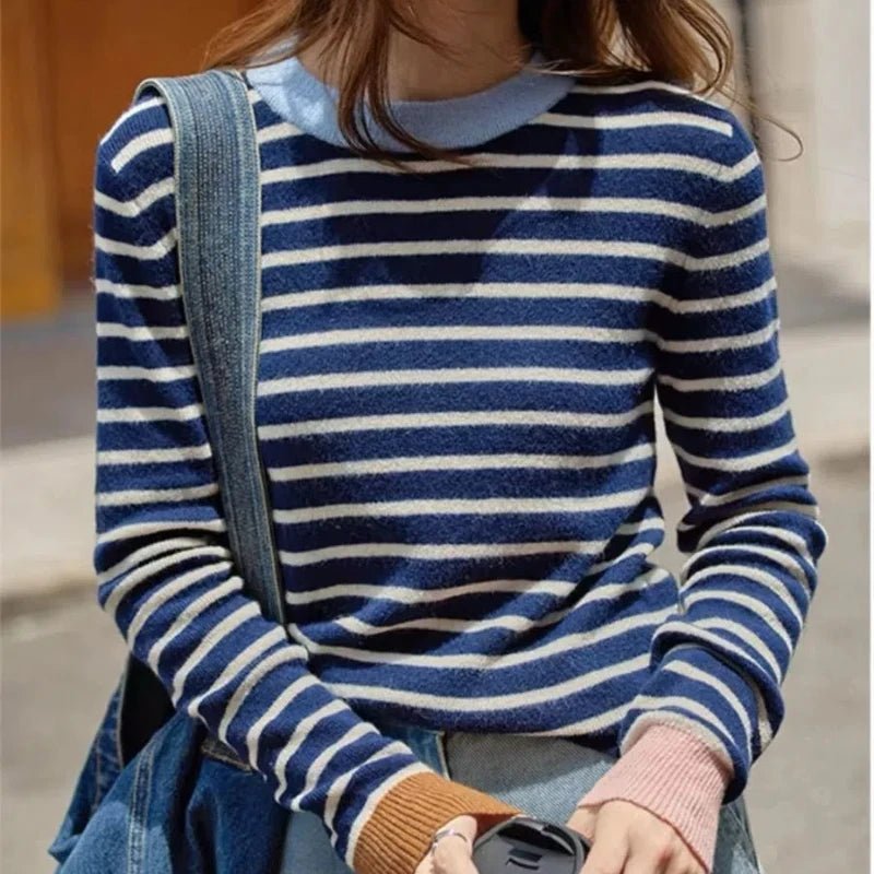 New Spring Autumn Women Spliced pullovers O - Neck Striped Fashion Loose Versatile Minimalist Casual Long - sleeved Knitted Top - Beauty