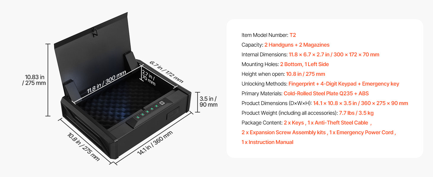 SucceBuy Gun Safe Slider Handgun Safe Fingerprint/Password/Key 3-Way Quick Access Case Box with LED for Nightstand Bedside Desk