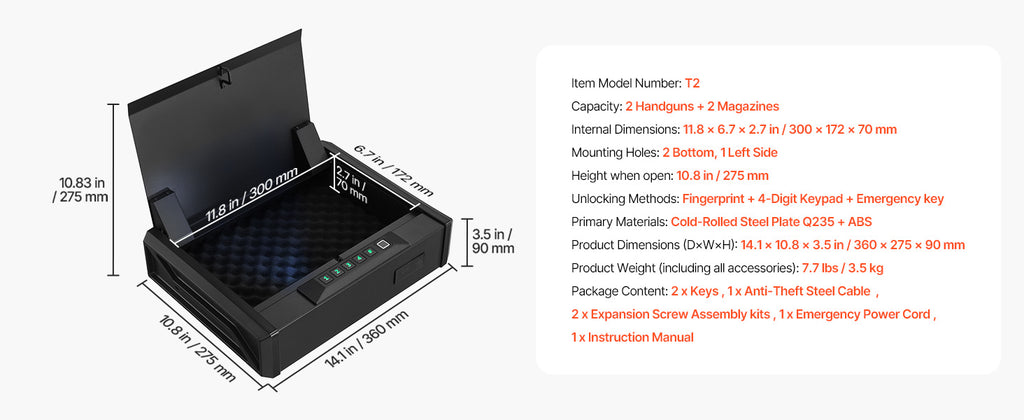 SucceBuy  Safe Slider Safe with Screen Fingerprint/Password/Key 3-Way Quick Access Case Box with LED for Nightstand Bedside Desk
