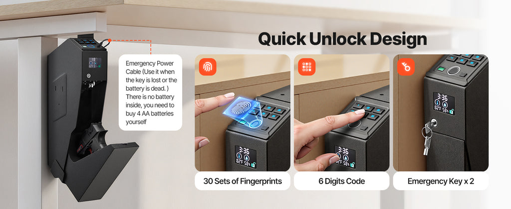 SucceBuy  Safe Slider Safe with Screen Fingerprint/Password/Key 3-Way Quick Access Case Box with LED for Nightstand Bedside Desk