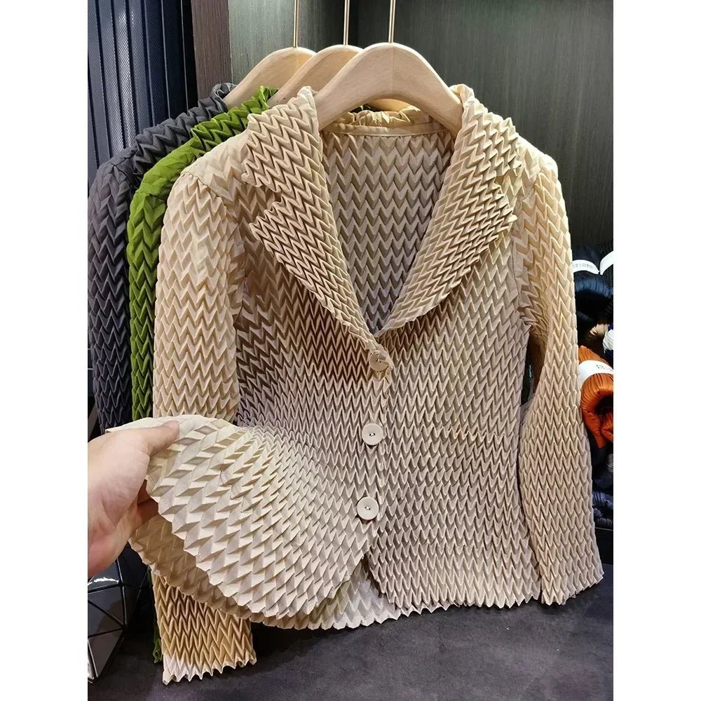 Pleats Original High - end Simple Solid Wave Pleated Small Suit Casual Versatile Long - sleeved Short Jacket Female Spring New - Beauty