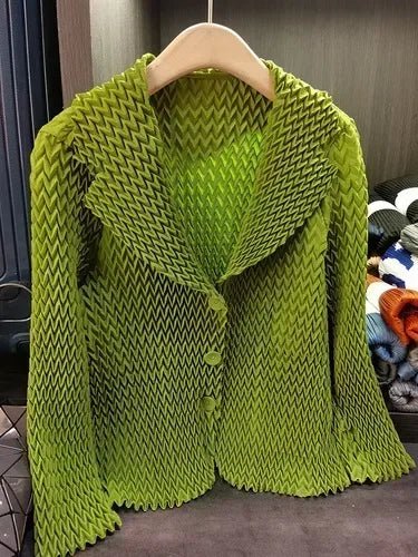 Pleats Original High - end Simple Solid Wave Pleated Small Suit Casual Versatile Long - sleeved Short Jacket Female Spring New - Beauty