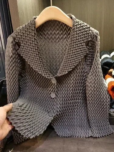 Pleats Original High - end Simple Solid Wave Pleated Small Suit Casual Versatile Long - sleeved Short Jacket Female Spring New - Beauty