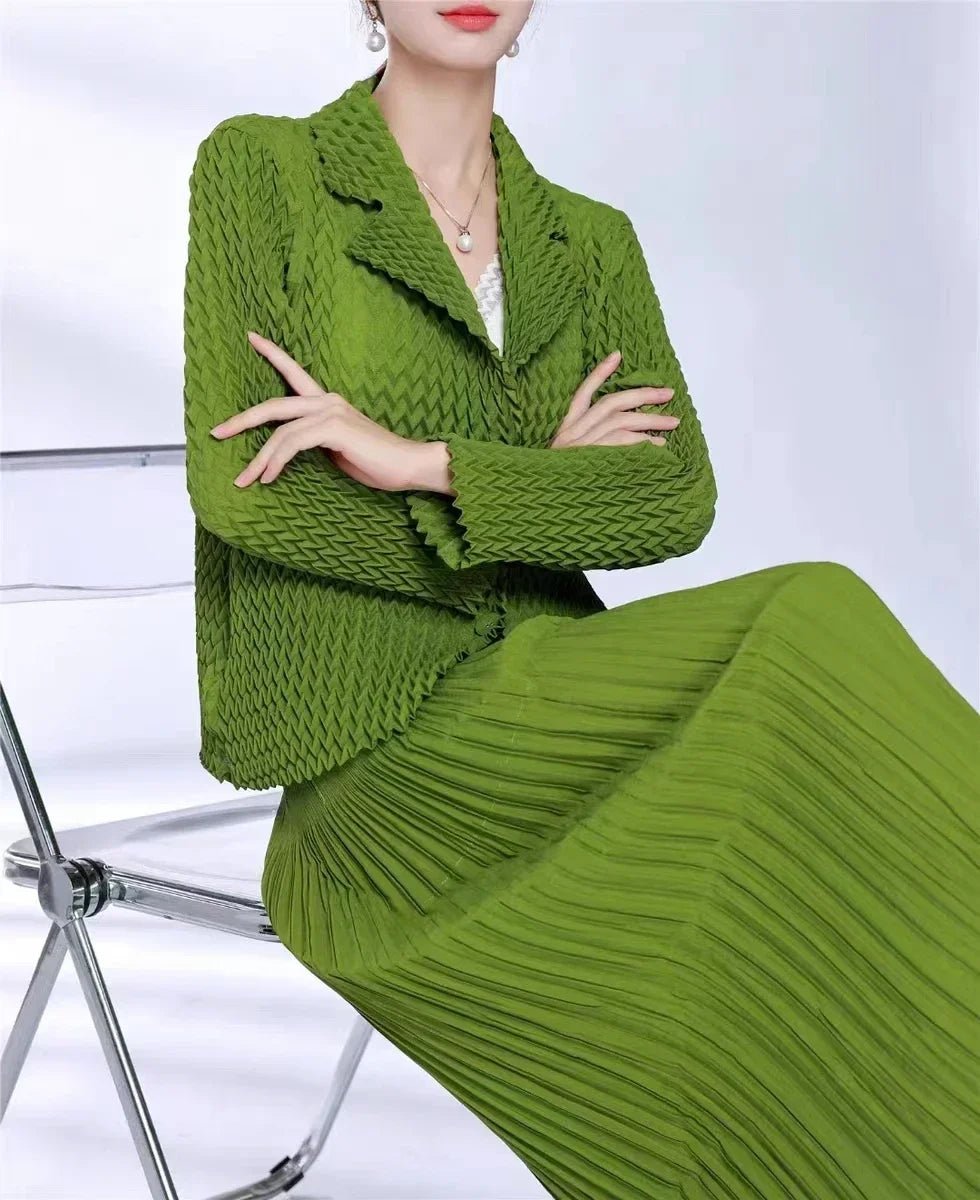 Pleats Original High - end Simple Solid Wave Pleated Small Suit Casual Versatile Long - sleeved Short Jacket Female Spring New - Beauty
