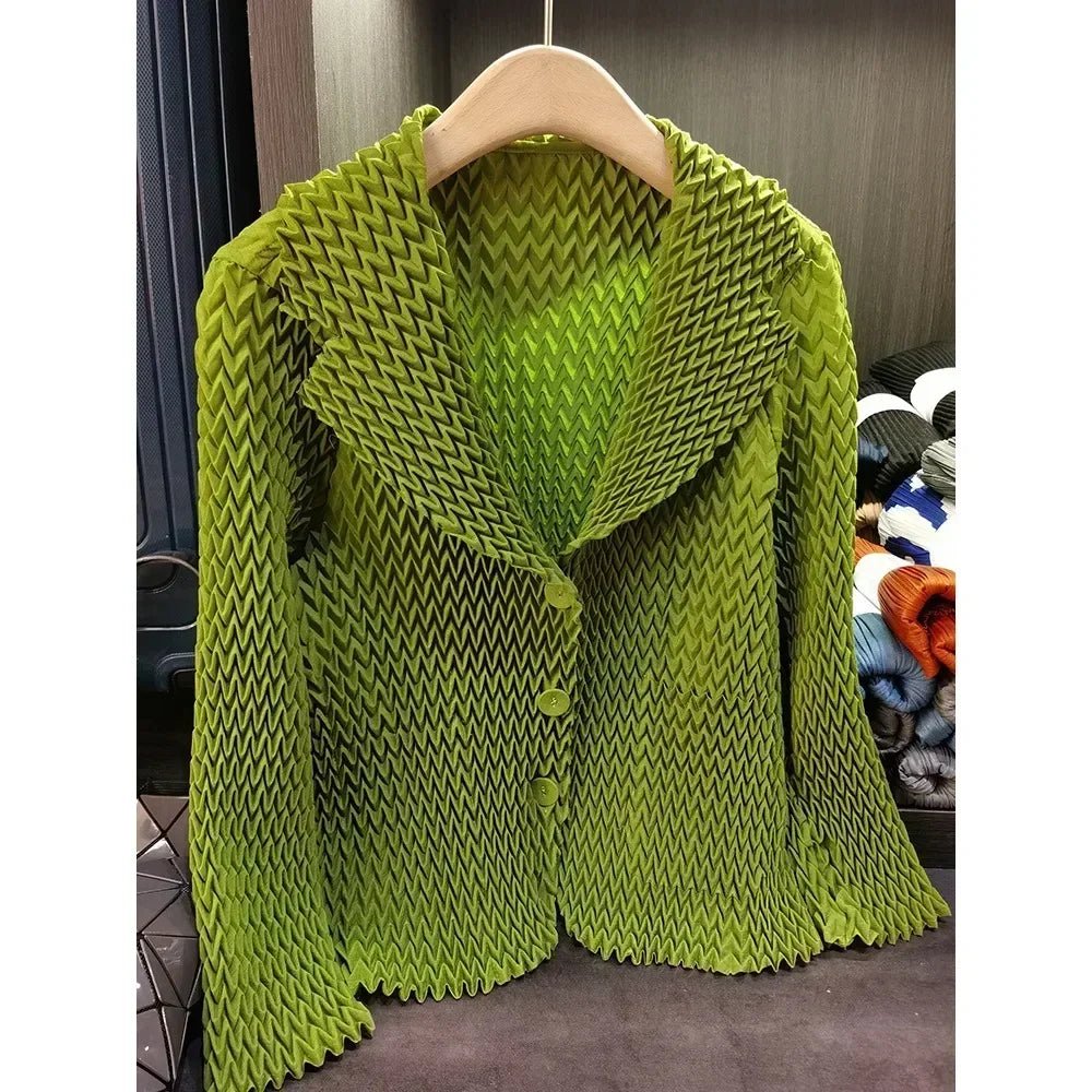 Pleats Original High - end Simple Solid Wave Pleated Small Suit Casual Versatile Long - sleeved Short Jacket Female Spring New - Beauty