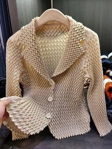 Pleats Original High - end Simple Solid Wave Pleated Small Suit Casual Versatile Long - sleeved Short Jacket Female Spring New - Beauty