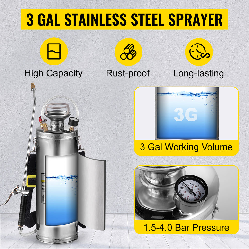 SucceBuy 4-12L Hand Powered Sprayer Stainless Steel Watering Spraying Sprinkling Atomizer Pump Home Ground Garden Cleaning Sprayer