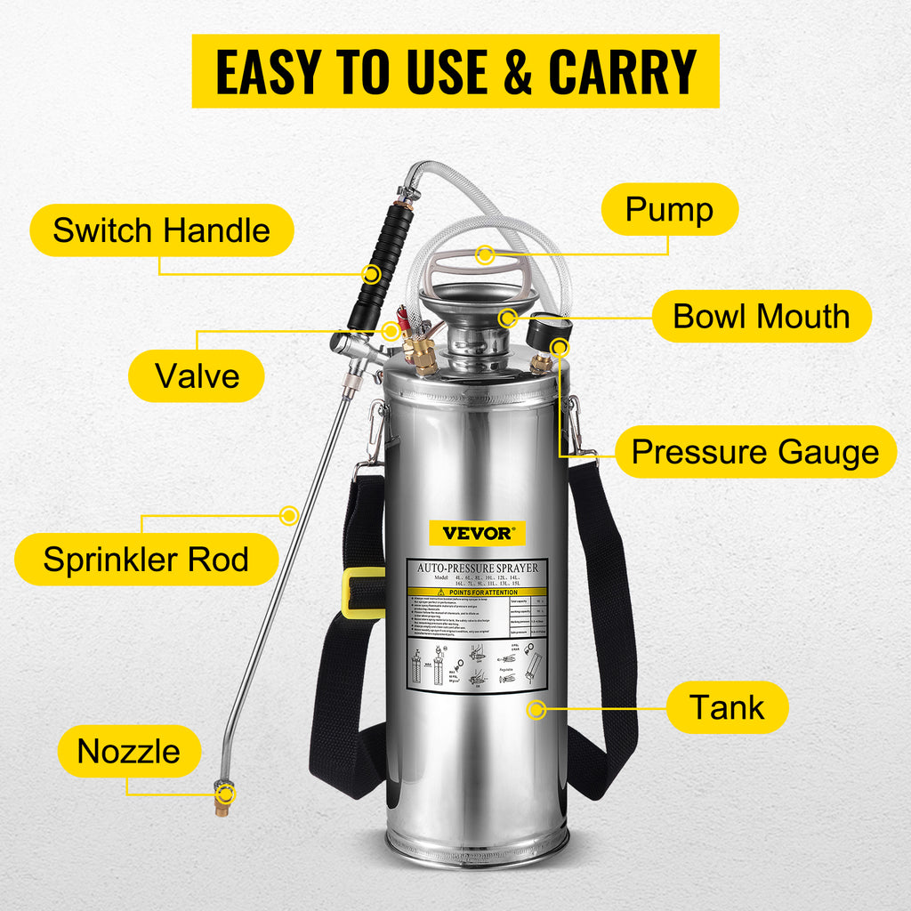 SucceBuy 4-12L Hand Powered Sprayer Stainless Steel Watering Spraying Sprinkling Atomizer Pump Home Ground Garden Cleaning Sprayer