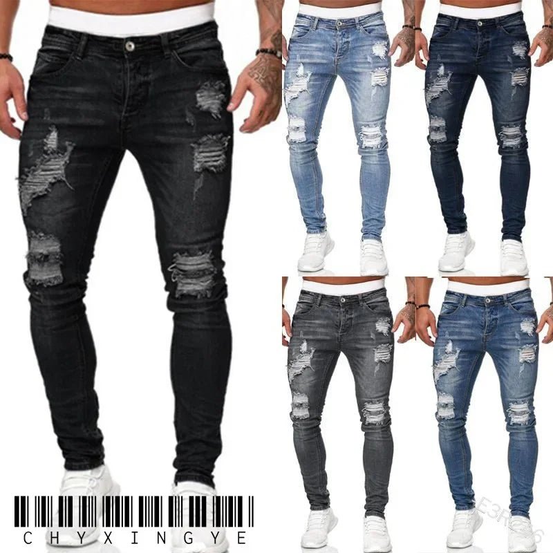 Ripped Jeans Men Stretch Skinny Grey Blue Black Hip Hop Denim Trousers Streetwear Casual Slim Fit Jeans for Men Jogging jean - Beauty