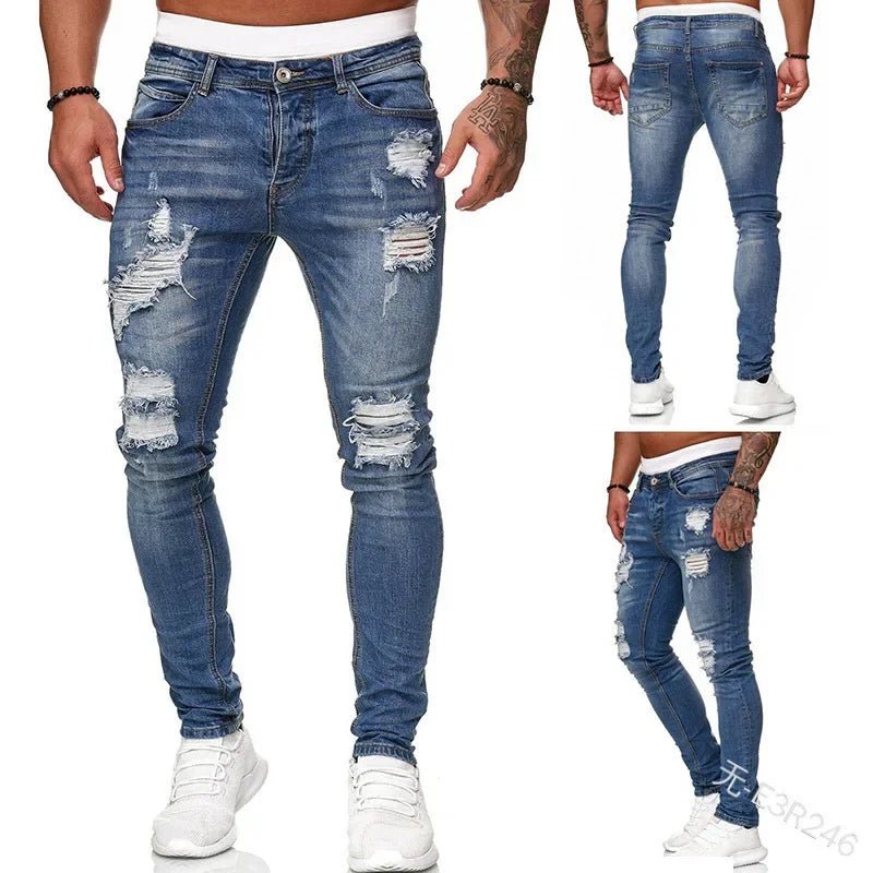 Ripped Jeans Men Stretch Skinny Grey Blue Black Hip Hop Denim Trousers Streetwear Casual Slim Fit Jeans for Men Jogging jean - Beauty