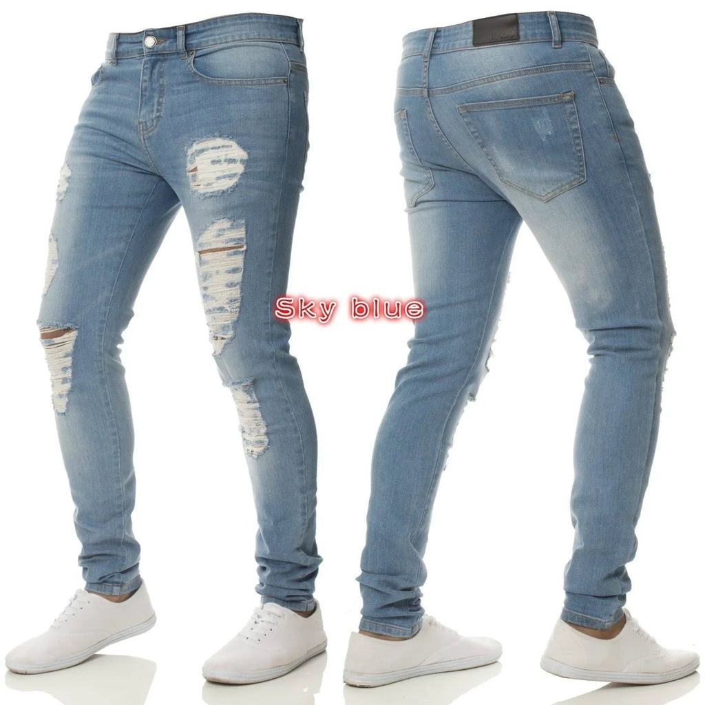 Ripped Jeans Men Stretch Skinny Grey Blue Black Hip Hop Denim Trousers Streetwear Casual Slim Fit Jeans for Men Jogging jean - Beauty