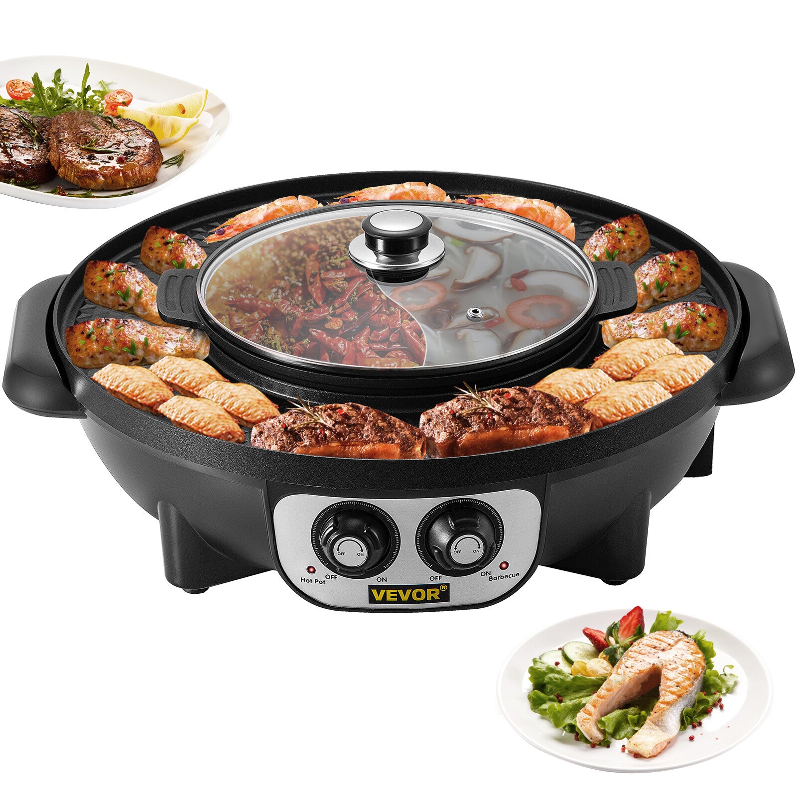 SucceBuy 2in1 Electric BBQ Pan Grill Hot Pot Multifunction Home Portable Smokeless Nonstick Detachable Hot Pot Barbecue Plate