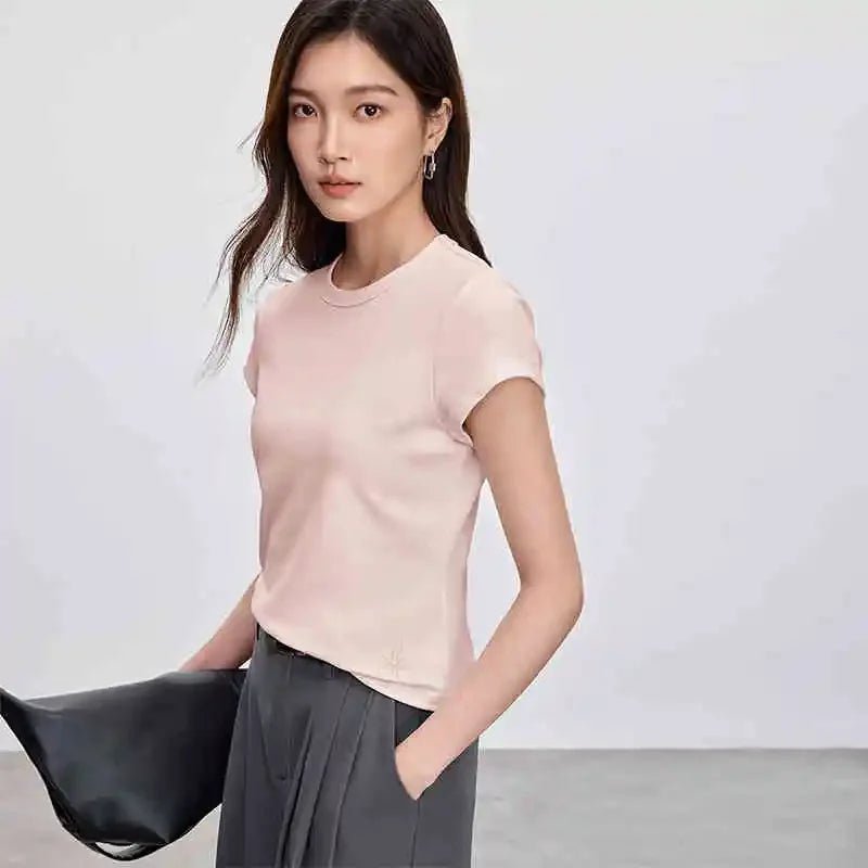 SENTUBILA Women's Slim T-shirt 2025 Spring Summer Fashion Solid Knitted Simple Crewneck Short Sleeve Embroidery Tops 152T59063 - Beauty