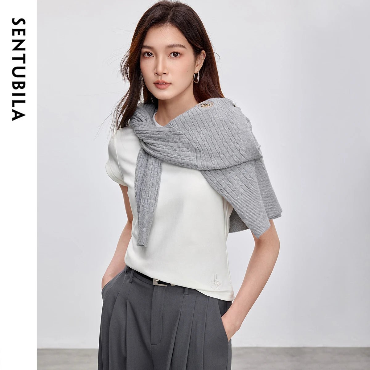 SENTUBILA Women's Slim T-shirt 2025 Spring Summer Fashion Solid Knitted Simple Crewneck Short Sleeve Embroidery Tops 152T59063 - Beauty