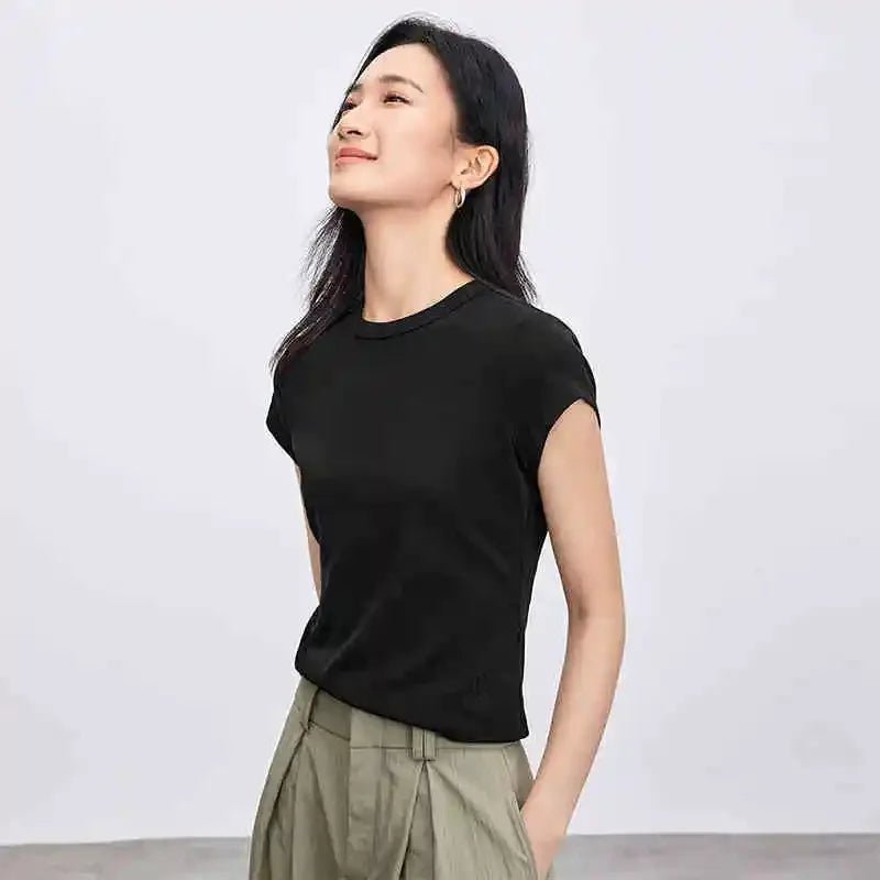 SENTUBILA Women's Slim T-shirt 2025 Spring Summer Fashion Solid Knitted Simple Crewneck Short Sleeve Embroidery Tops 152T59063 - Beauty