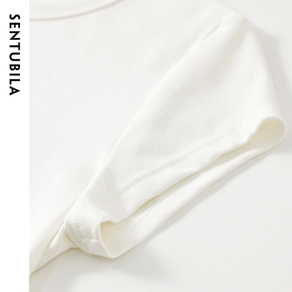 SENTUBILA Women's Slim T-shirt 2025 Spring Summer Fashion Solid Knitted Simple Crewneck Short Sleeve Embroidery Tops 152T59063 - Beauty