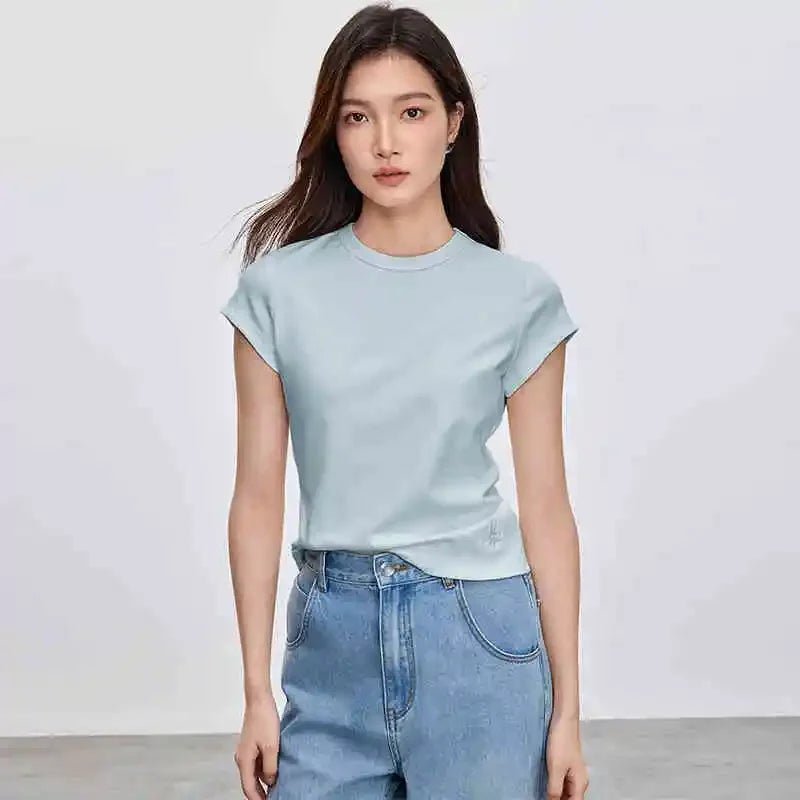 SENTUBILA Women's Slim T-shirt 2025 Spring Summer Fashion Solid Knitted Simple Crewneck Short Sleeve Embroidery Tops 152T59063 - Beauty
