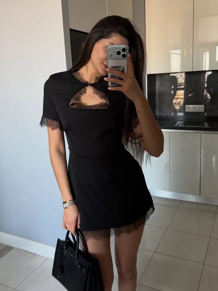 Sexy Lace Patchwork Dress Women Hollow Out O - neck Short Sleeve Black Slim Short Dresses 2026 Spring Summer Party Club Robes Lady - Beauty