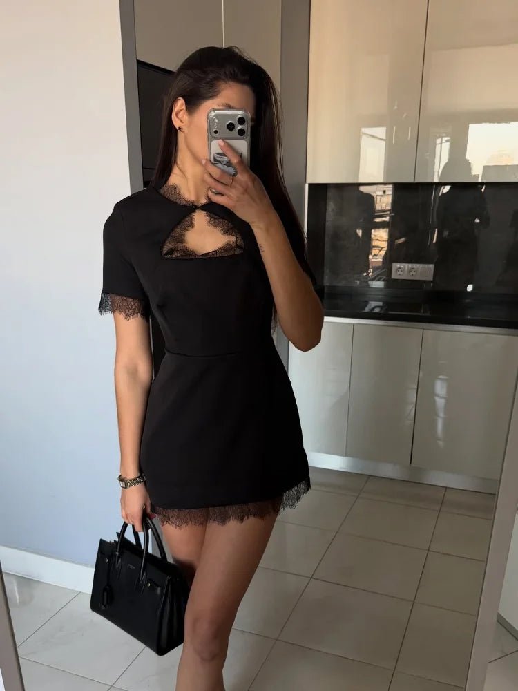 Sexy Lace Patchwork Dress Women Hollow Out O - neck Short Sleeve Black Slim Short Dresses 2026 Spring Summer Party Club Robes Lady - Beauty