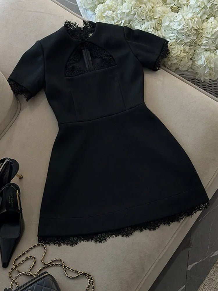 Sexy Lace Patchwork Dress Women Hollow Out O - neck Short Sleeve Black Slim Short Dresses 2026 Spring Summer Party Club Robes Lady - Beauty