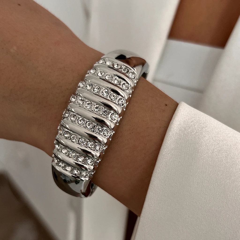 SHIXIN 6 Styles Gold Color Silver Color Scallop - Shaped Spring Bangles for Women Elegant Inlaid Rhinestone Cuff Bangles Bracelet - Beauty