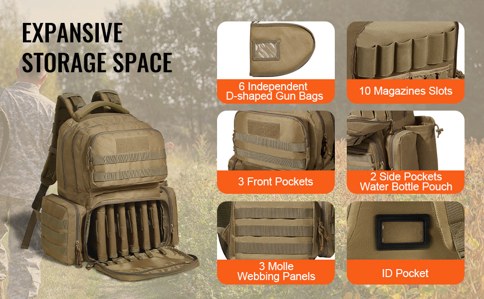 SucceBuy Tactical Range Backpack 2/6 Pistols Gun Backpack with Independent Pistol Bags and Magazines Pistol Backpack for Outdoor